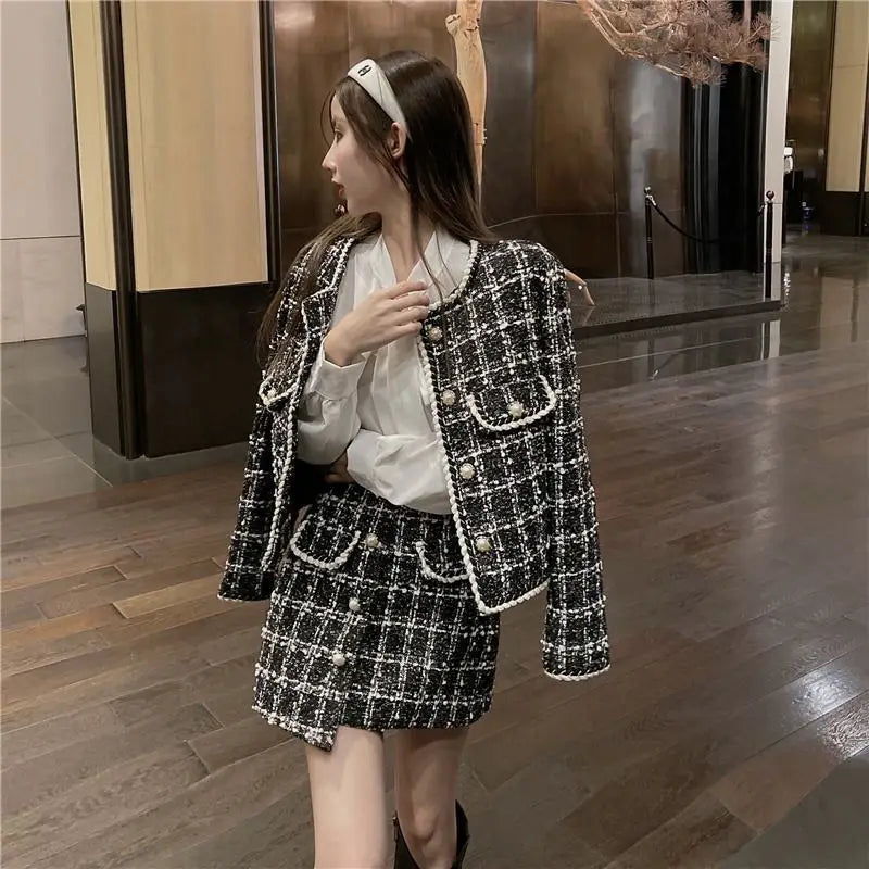 KIMLUD, Formal Chic Houndstooth Plaid Set Skirt Women Spring Autumn New Fashion Loose Single-Breasted Plaid Jacket+Skirt Two-Piece Suit, KIMLUD Womens Clothes