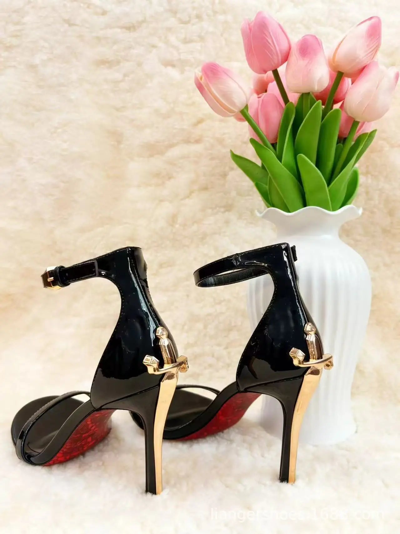 Patent Leather Sandals One-Strap Open-Toe Blade Heel Red Sole — Black | KIMLUD