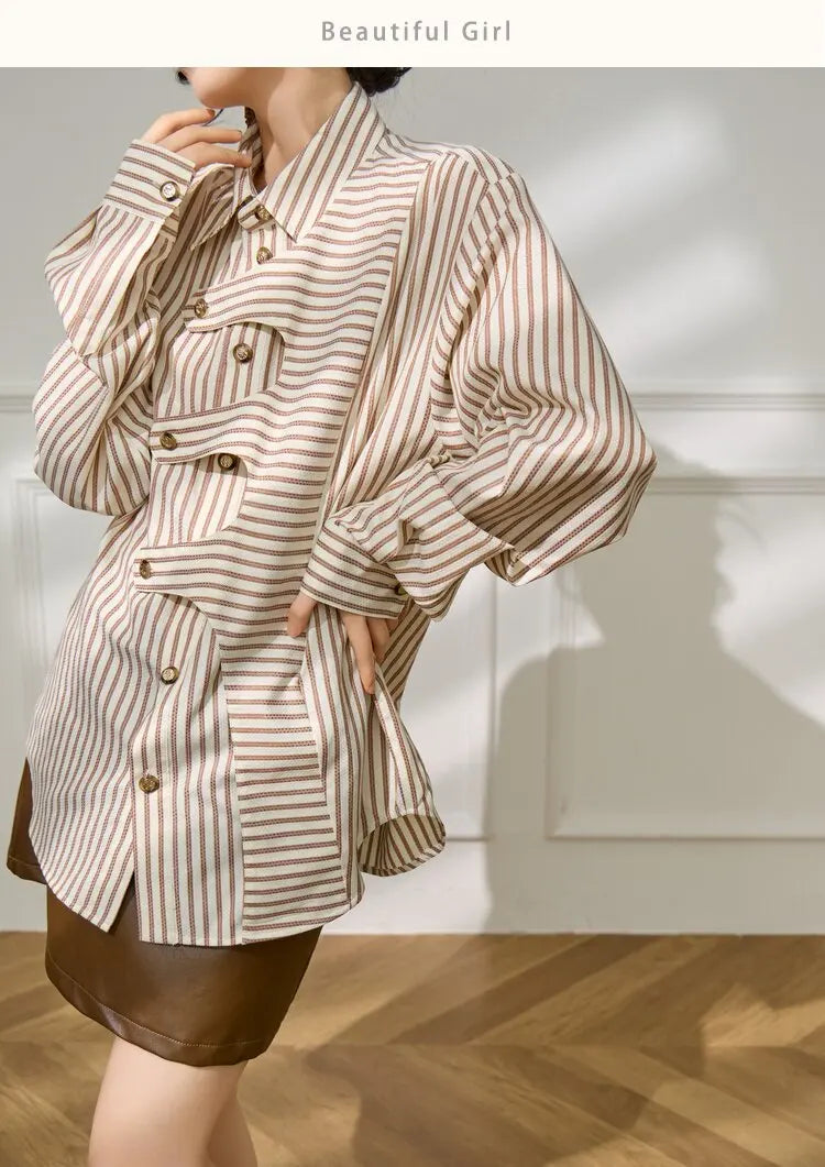 Lapel Blouse Cotton Blend — Brown Striped | KIMLUD