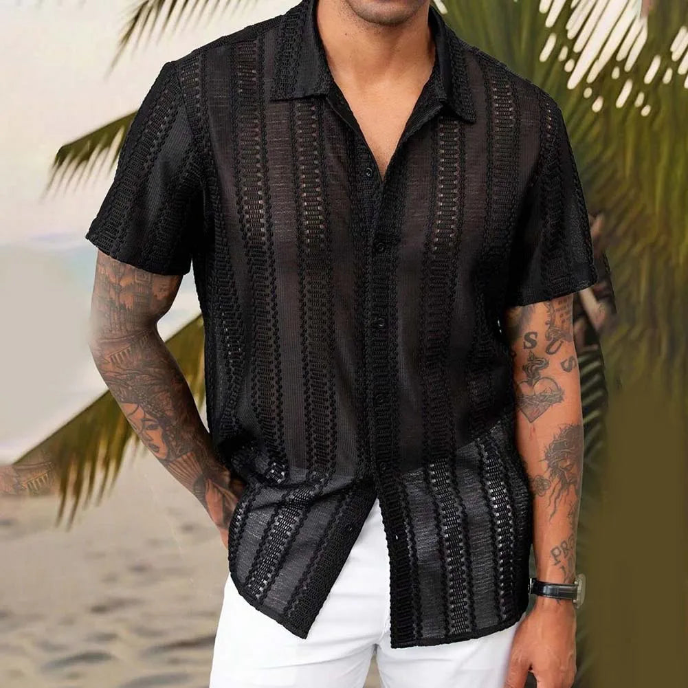 Lace Mesh Shirt Three Quarter Sleeve Silky Texture With Subtle Stretch For Summer — Black | KIMLUD