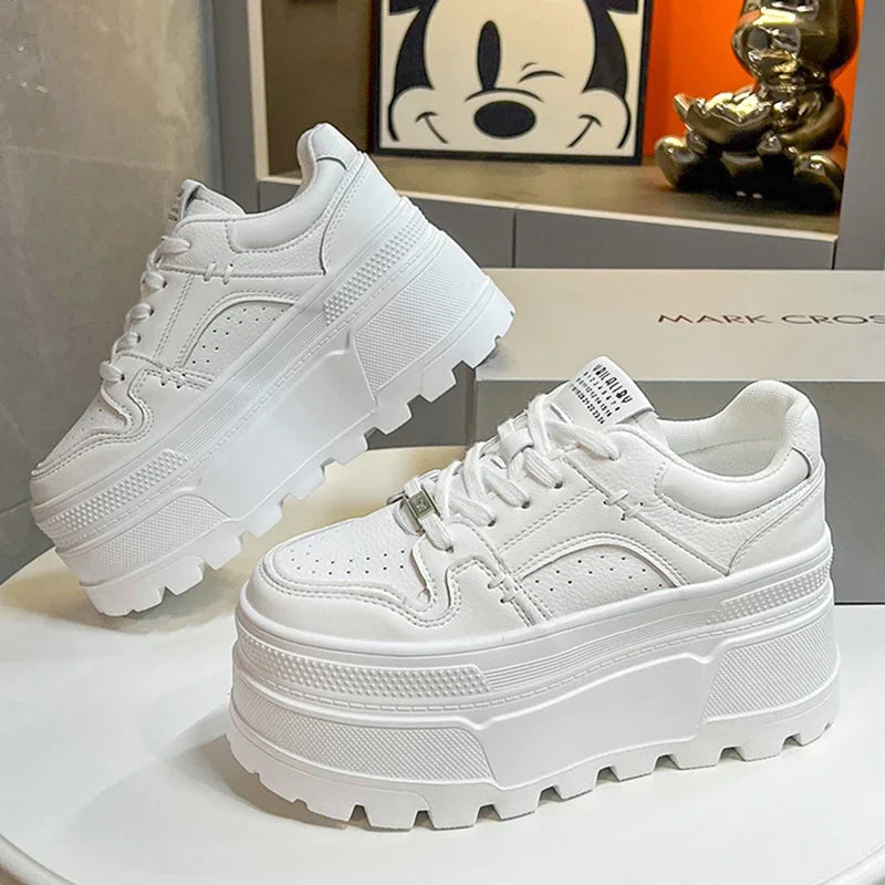Platform Sneakers 8cm Lace-Up Cushioned Insole For All-Day Comfort — White | KIMLUD