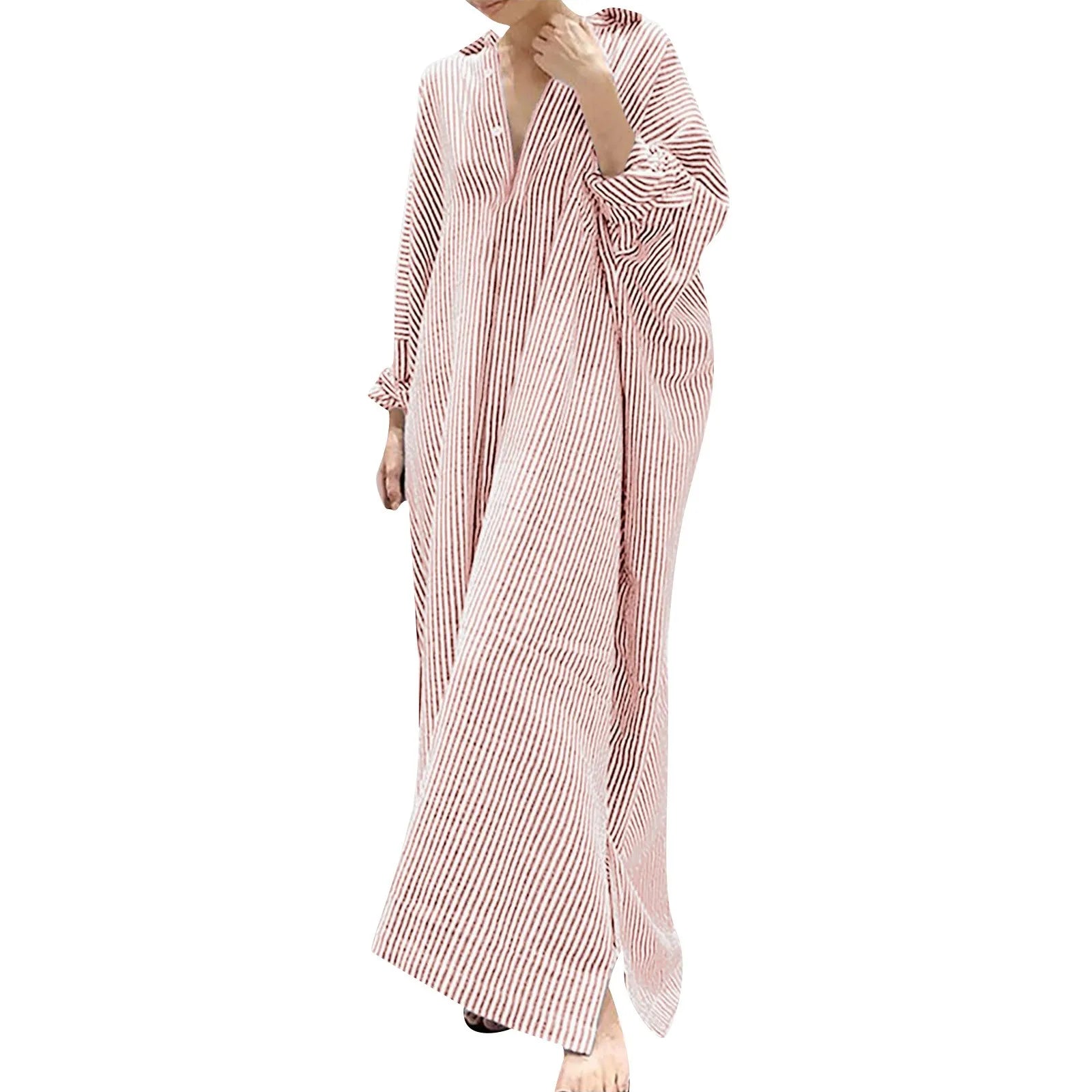 Cotton Maxi Dress Striped — Red and White | KIMLUD