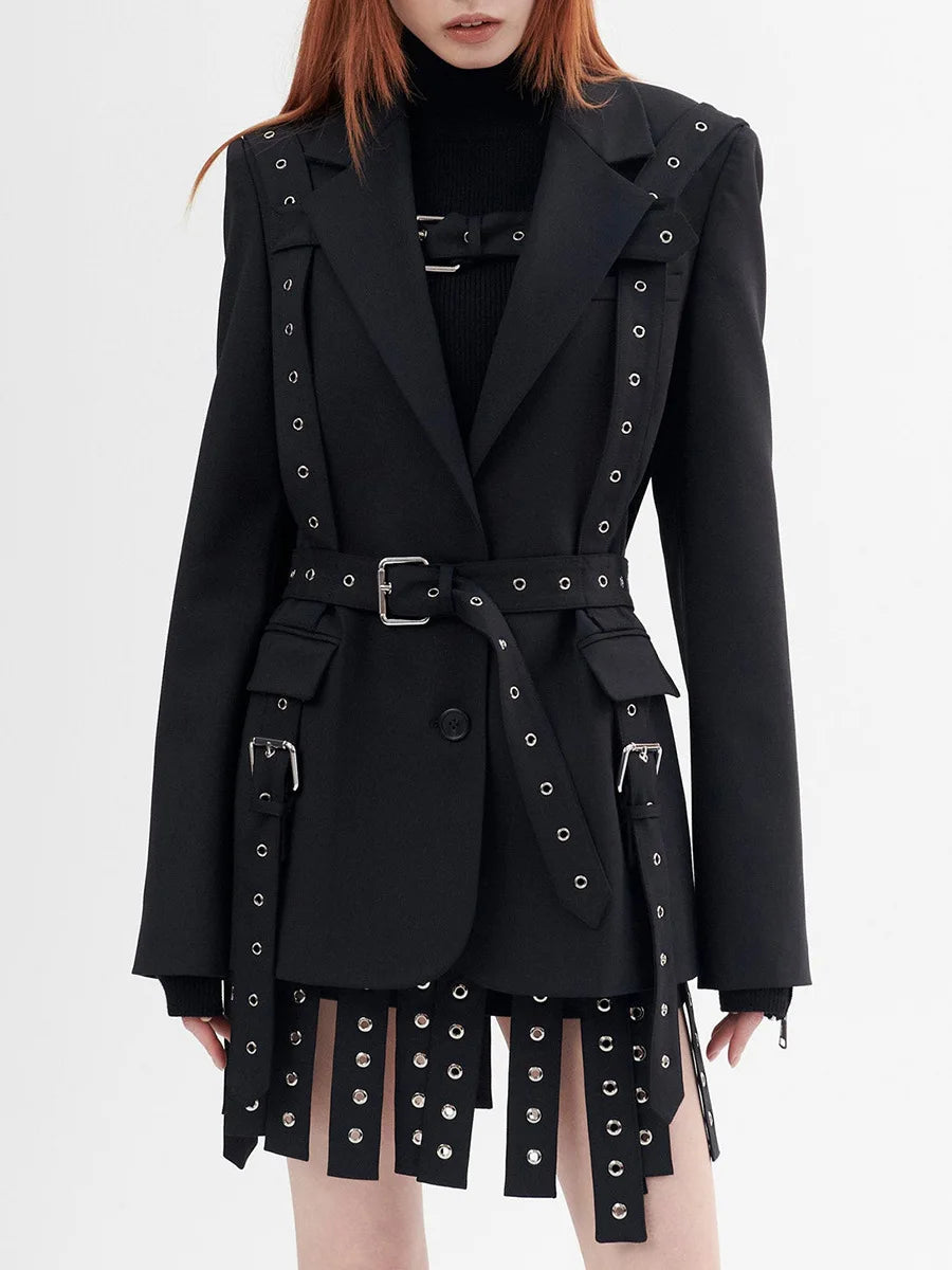 Women's Solid Color Temperament Suit Jacket 2025 Autumn Notched Single Breated Belted Slim Biker Motor Style Casual Blazer