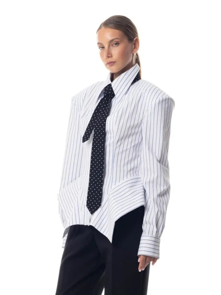 Fitted Striped Shirt Asymmetric Hem — Pink | KIMLUD