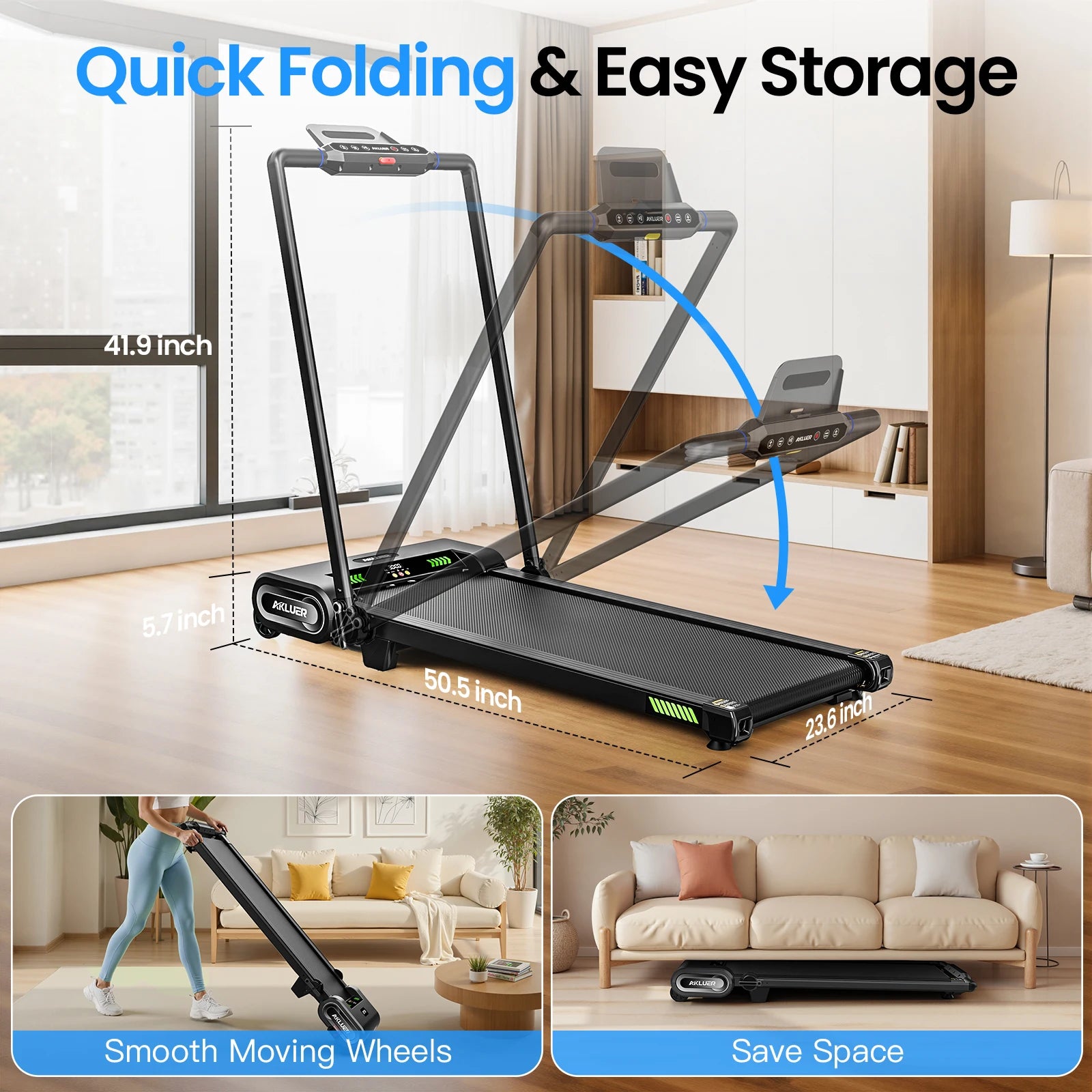 Aluminum Walking Pad Treadmill With Auto Incline — Black | KIMLUD