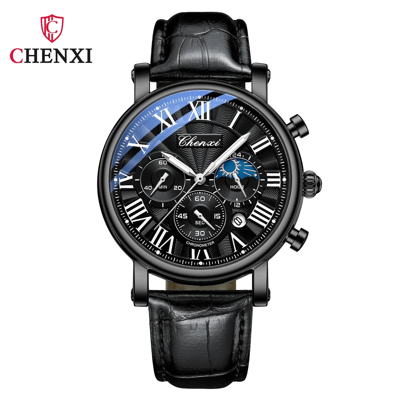 Leather Multi-Function MoonPhase Wristwatch — Black | KIMLUD