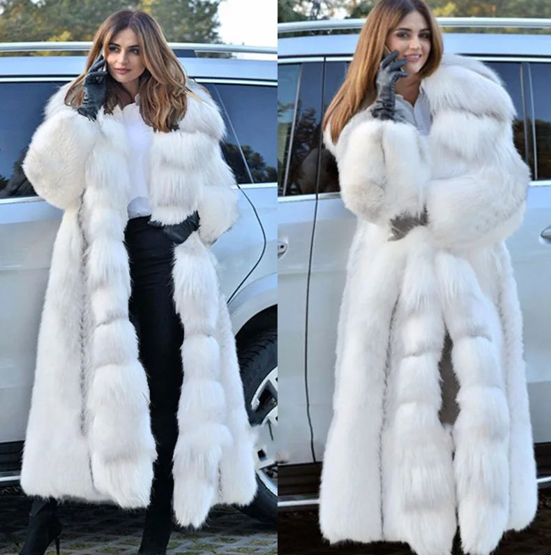 Imitation Fur Women's Jacket Hooded Cross-border New Fur Coat Fox Fur Collar White Splicing Women