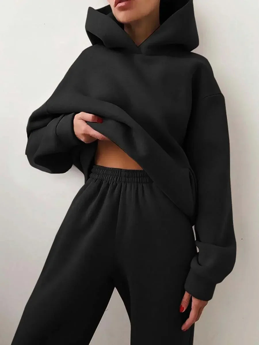 Fleece Tracksuit Two-Piece Hooded Set — Black | KIMLUD