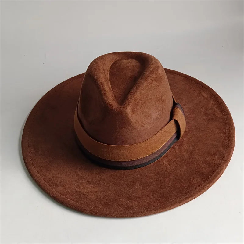 Suede Fedora Hat Wide Brim — Grayish Brown | KIMLUD