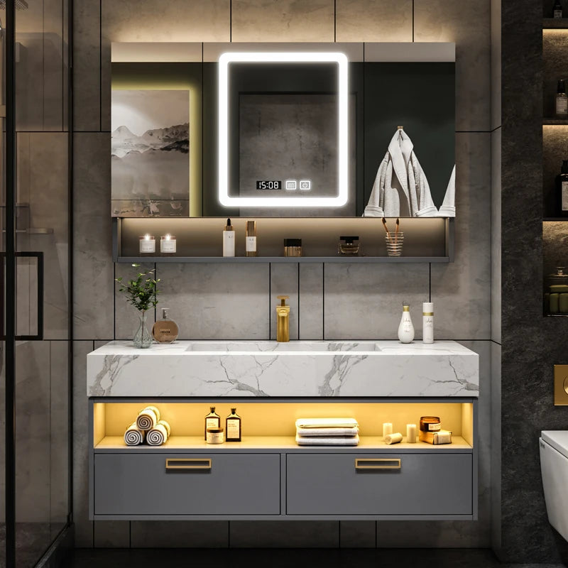 Solid Wood Vanity Cabinet With Sink and Mirror — Gray | KIMLUD