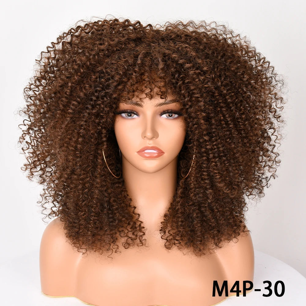 Afro Kinky Curly Hair Wigs With Bangs — Natural Brown Mixed | KIMLUD