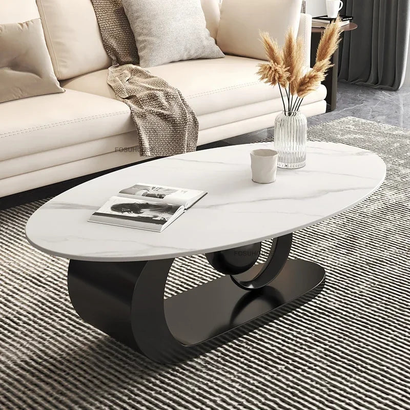Wrought Iron Oval Coffee Table Marble-Top Italian Rock Plate European Design — Ivory | KIMLUD
