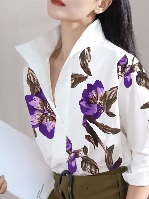Floral Print Blouse With Stand Collar Long Sleeves — White | KIMLUD