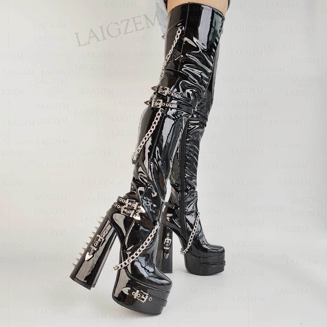 Over-the-Knee Boots – Slim Fit Platform Heels – Rivets Chains – Black | KIMLUD