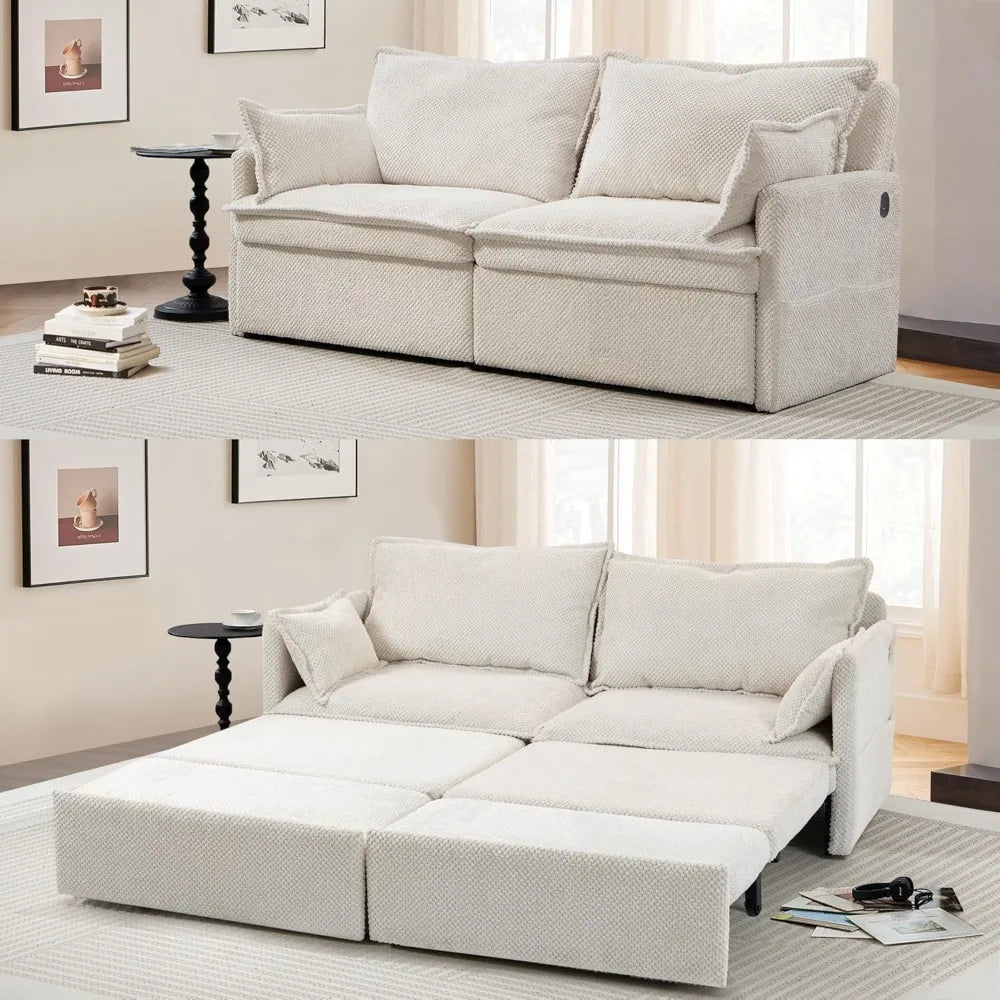 74" King Pull Out Sofa Bed - Convertible Sleeper Sofa Bed, Space Saving Corduroy Loveseat Chaise Lounge with USB Charging, Side