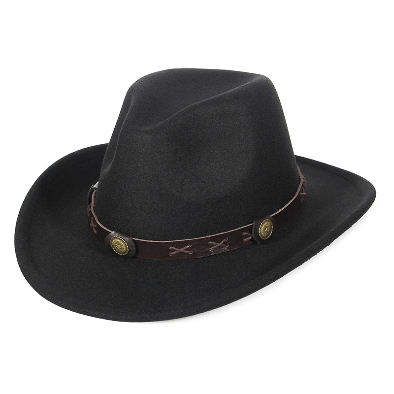 Western Cowboy Hat Wide Brim Belted — Black | KIMLUD