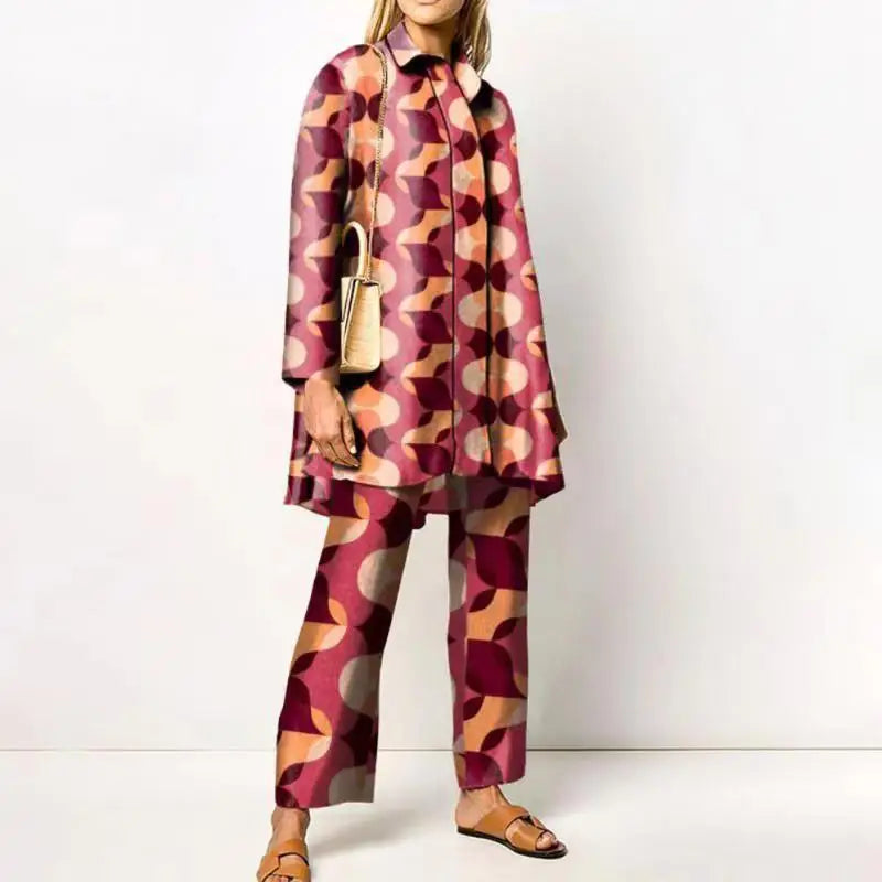 Two-Piece Set – Printed Autumn Vintage – Broadcloth – Wide-Leg Pants | KIMLUD