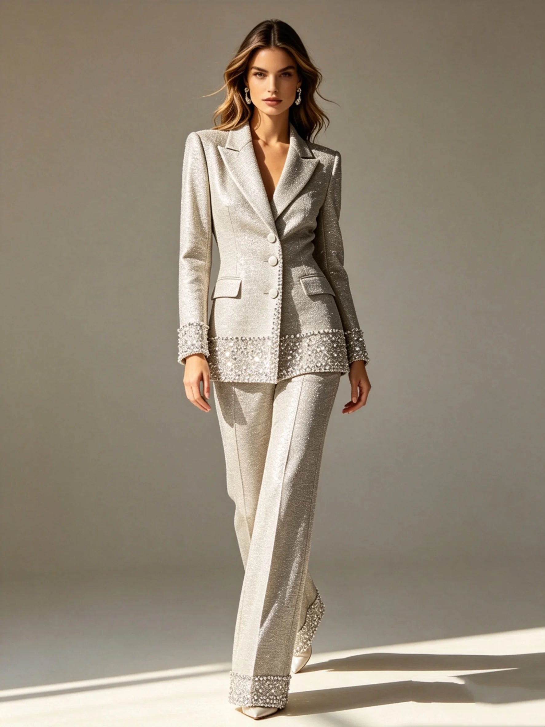 Crystal Embellished Pearl Suit Set — Champagne | KIMLUD