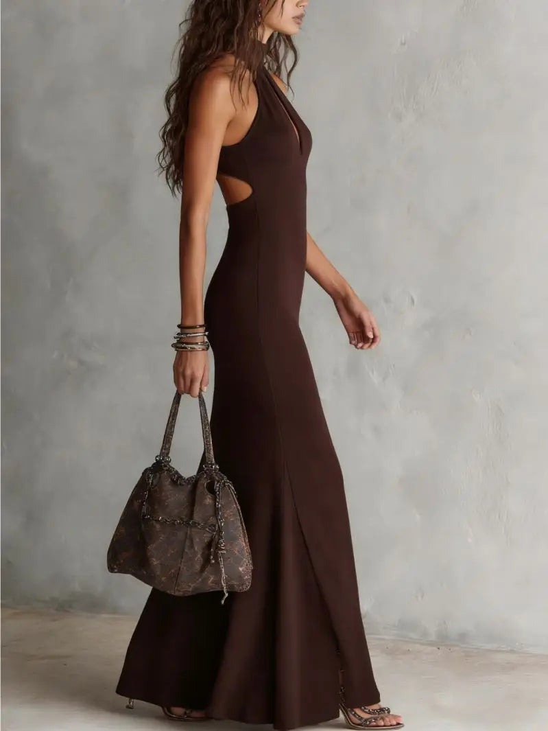 Long Skirt – Sleeveless High Neck Slit – Polyester | KIMLUD