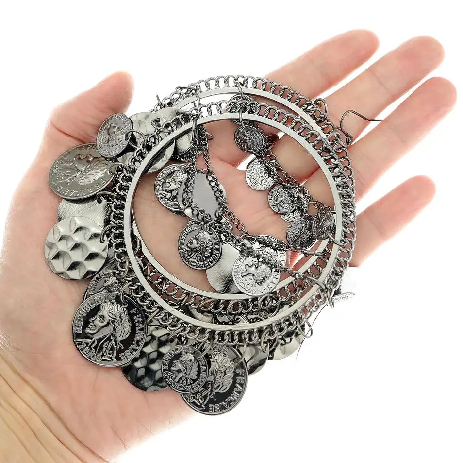 Metal Tribal Coins Hoop Earrings — Silver | KIMLUD