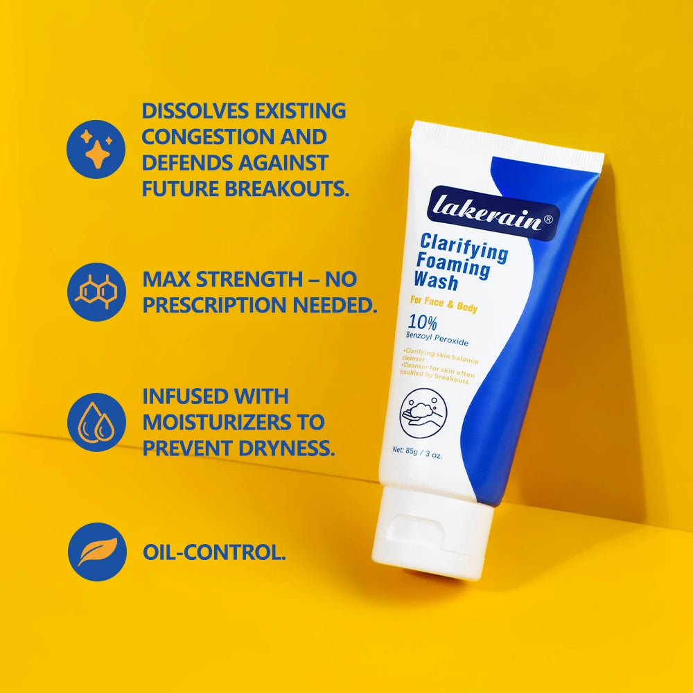 Acne Foaming Wash Benzoyl Peroxide 10% Maximum Antimicrobia Oil-Control Reduces Redness Deep Cleaning for Face & Body Skincare