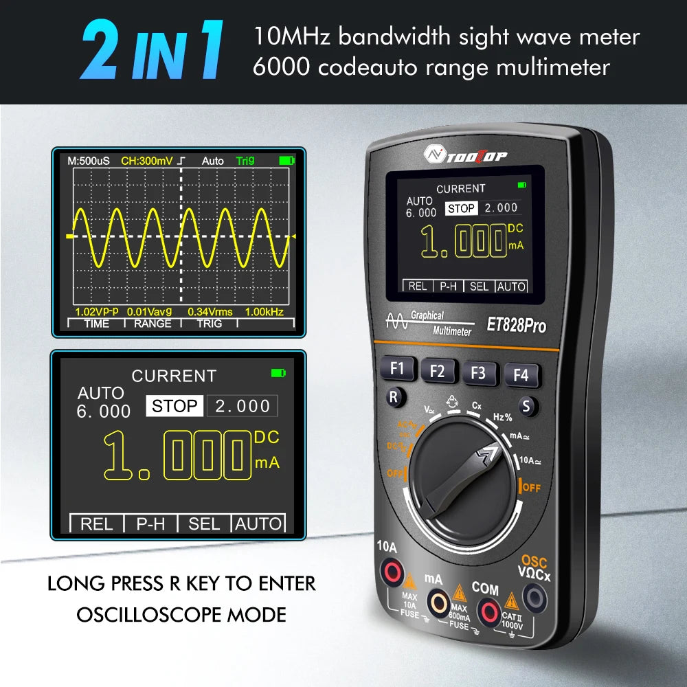 TOOLTOP ET828Pro 10MHz 50Mps/s Handheld Oscilloscope 6000 Counts True RMS Multimeter Voltmeter Ammeter Automotive Oscilloscope