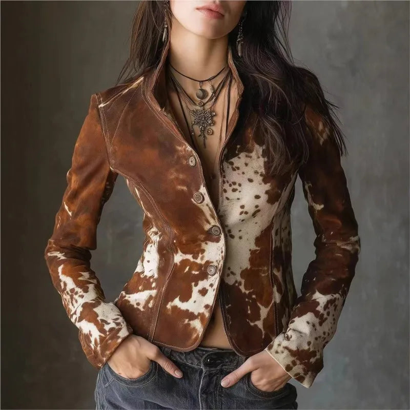 Vintage Printed Jacket Women Fashion Printed Lapel Patchwork Jackets 2025 Female Autumn Chic Casual Jackets Coat