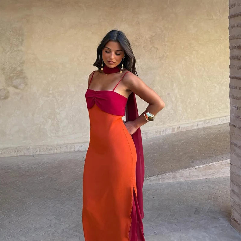Color Blocking Sling Dress Scarf Collar — Orange Burgundy | KIMLUD