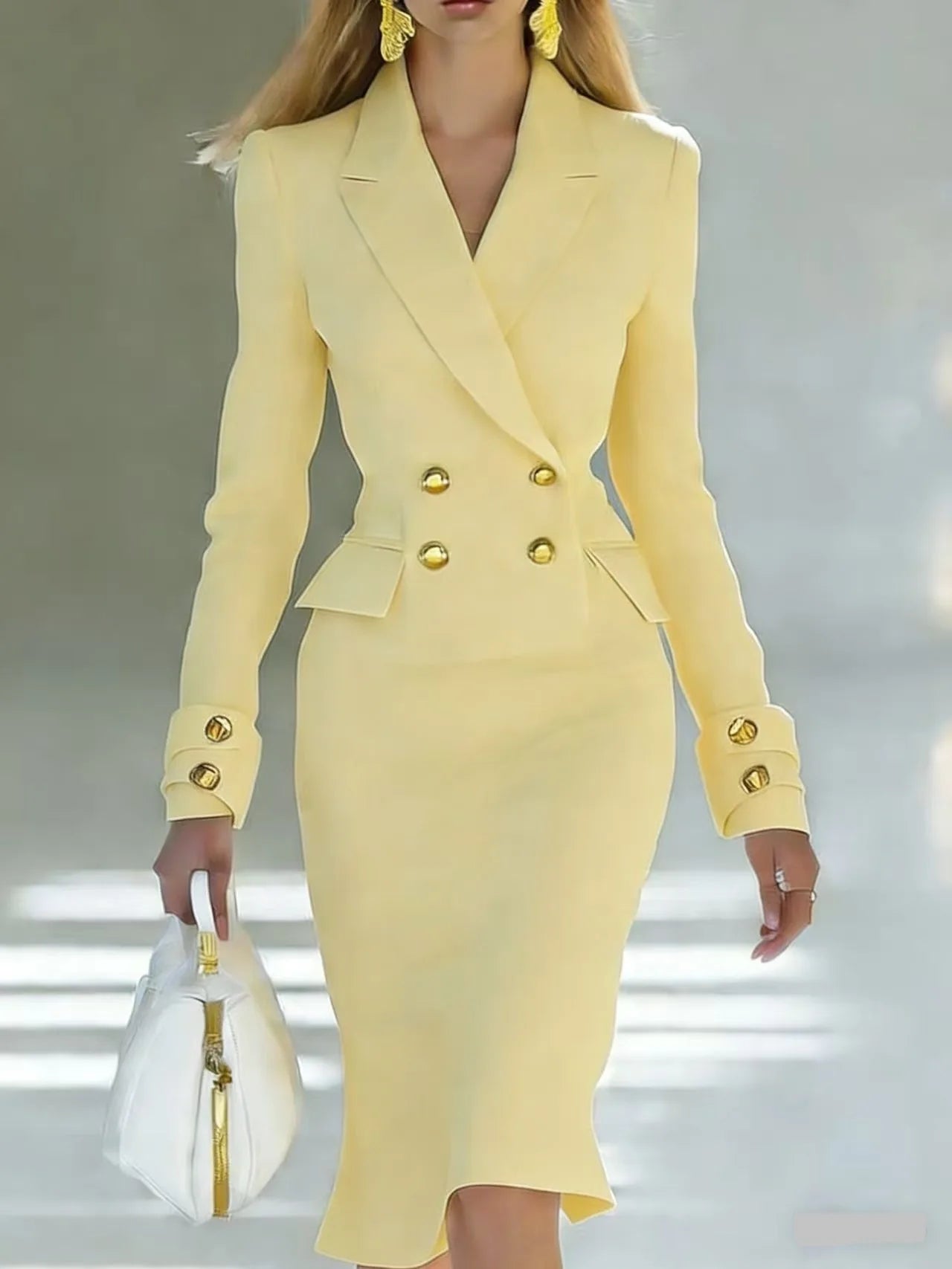 Blazer Dress – V-Neck Double Breasted – Polyester – Slim Fit | KIMLUD