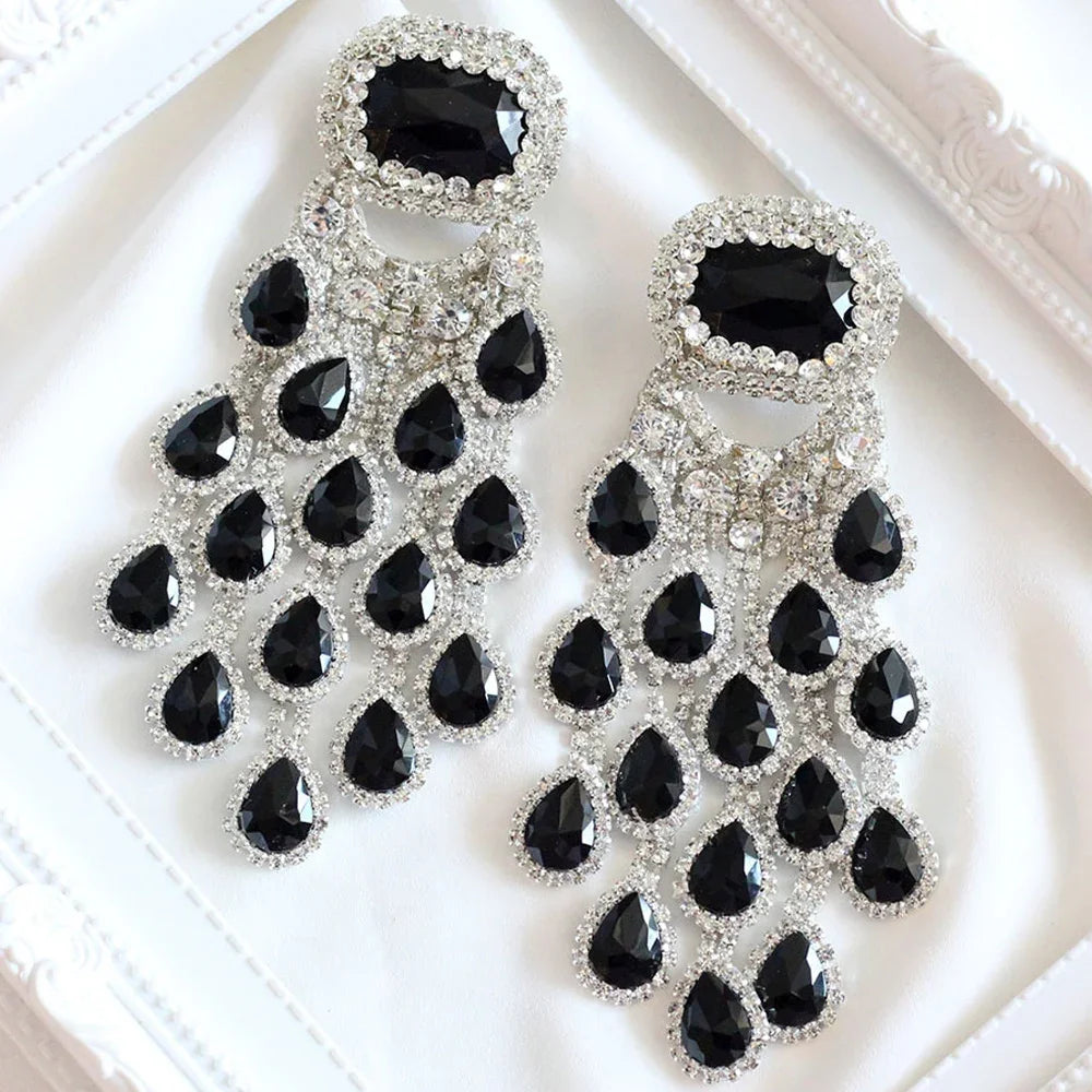 Crystal Tassel Earrings Water Drop Dangle — Black | KIMLUD