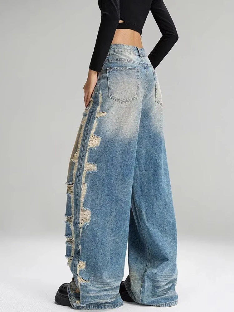 Jeans Ripped Tassel Wide Leg Denim — Blue | KIMLUD