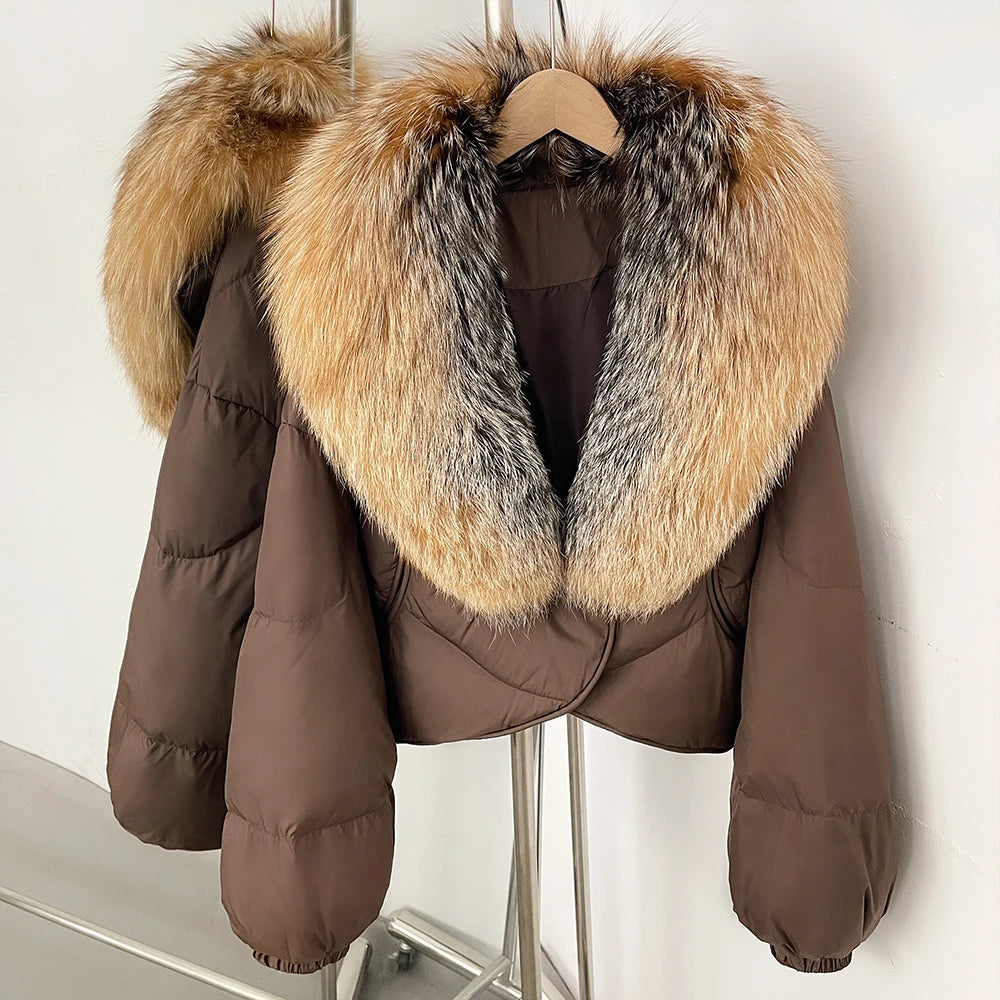 Down Coat – Real Fox Fur Trim – Duck Down – Natural | KIMLUD