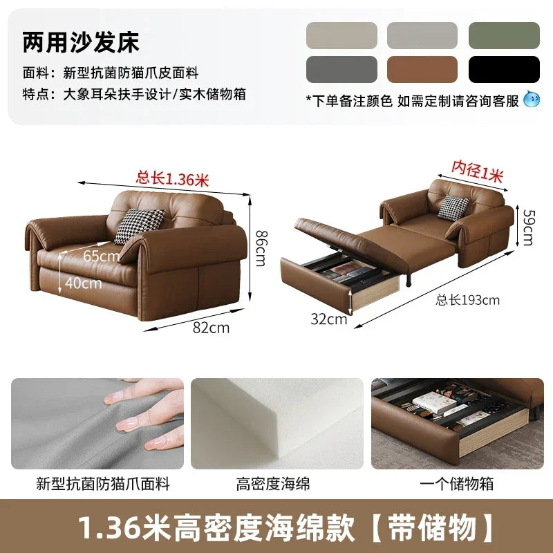 Faux Leather Sofa Bed Italian Modern Silhouette With Convertible Chaise Lounge — Brown | KIMLUD