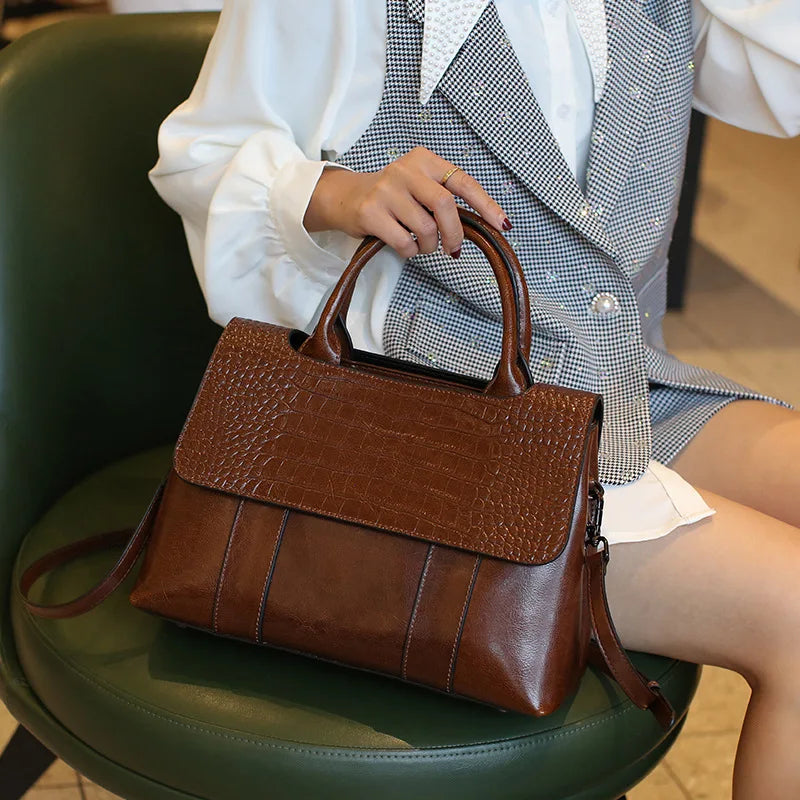 Genuine Leather Shoulder Bag Crocodile-Print — Cognac Brown | KIMLUD