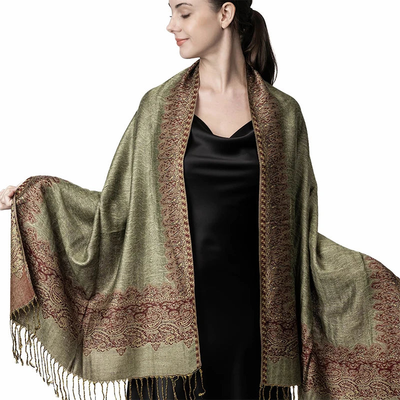 Cashmere Pashmina Shawl With Autumn Print Design, Olive Accents And Gold-Toned Fringe — Red | KIMLUD