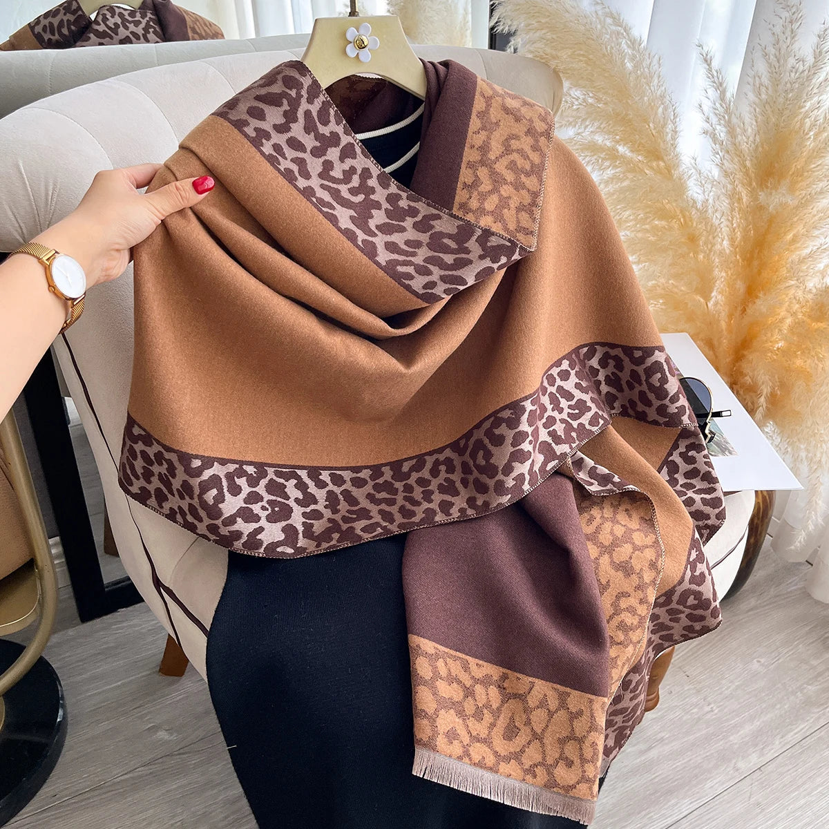 Cashmere Scarf Plaid Leopard Print Edge With Soft Knit For Winter Wrap — Blush Pink | KIMLUD
