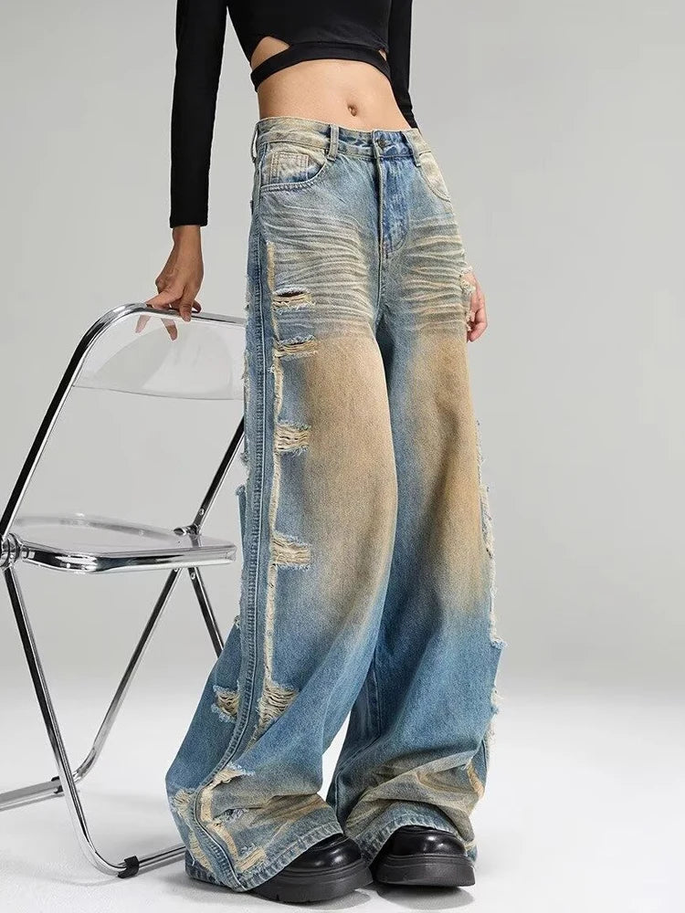 Jeans Ripped Tassel Wide Leg Denim — Blue | KIMLUD