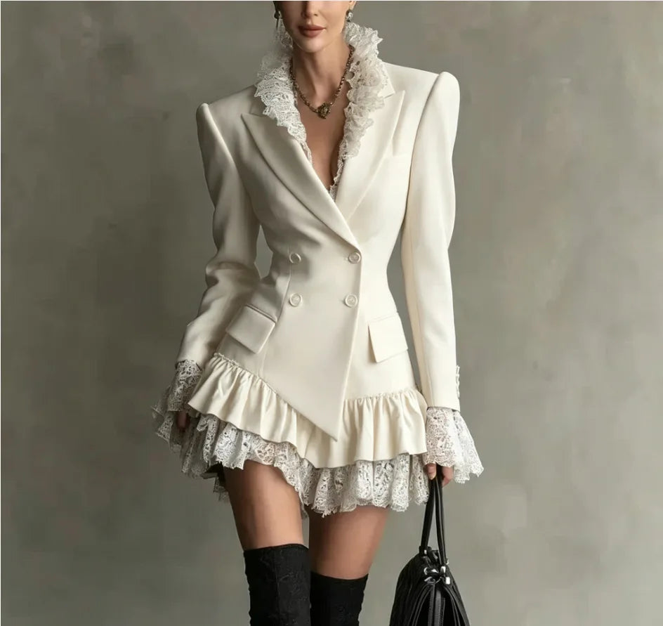 Mini Dress – Double Breasted Lapel – Lace Ruffle Silhouette – Polyester | KIMLUD