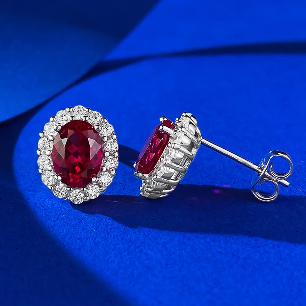 Sterling Silver Stud Earrings Oval Cut Ruby Sapphire — Multicolor | KIMLUD