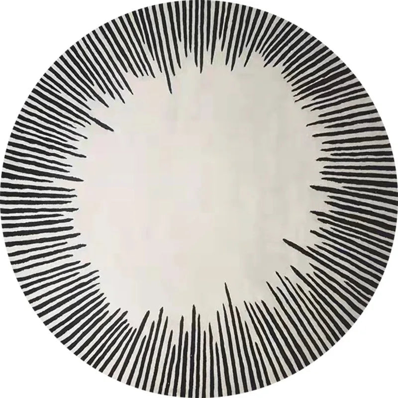 Fluffy/100% Polyester Round Rug with Stripe Wilton Design — White | KIMLUD