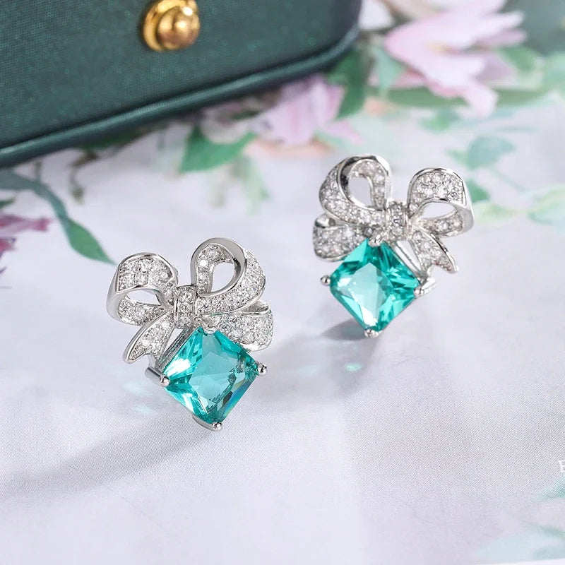 Sterling Silver Geometric Stud Earrings AAAA Zircon — Green | KIMLUD