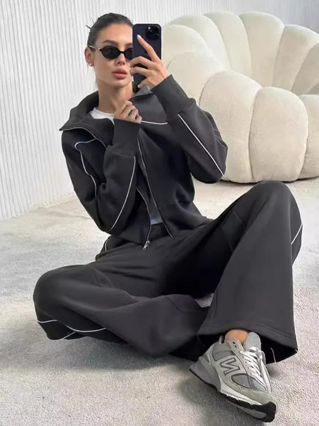 Women's Autumn Casual Long Sleeve Zipper Hoodie Jacket Striped Elastic Pants Set Fashionable Two-Piece Suit Comfortable Wear