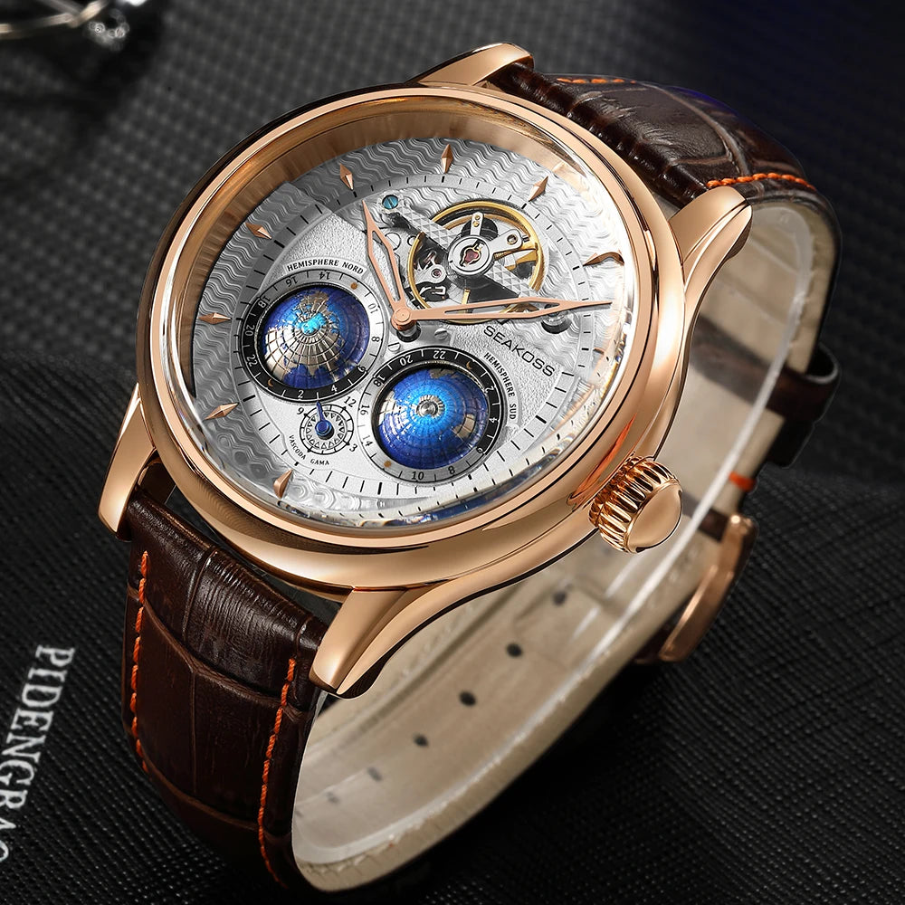 SEAKOSS Male Dual Earth Rotating Mechanical Men's Watch Automatic Movement Waterproof Clock Pilots 1963 Flywheel Wristwatches