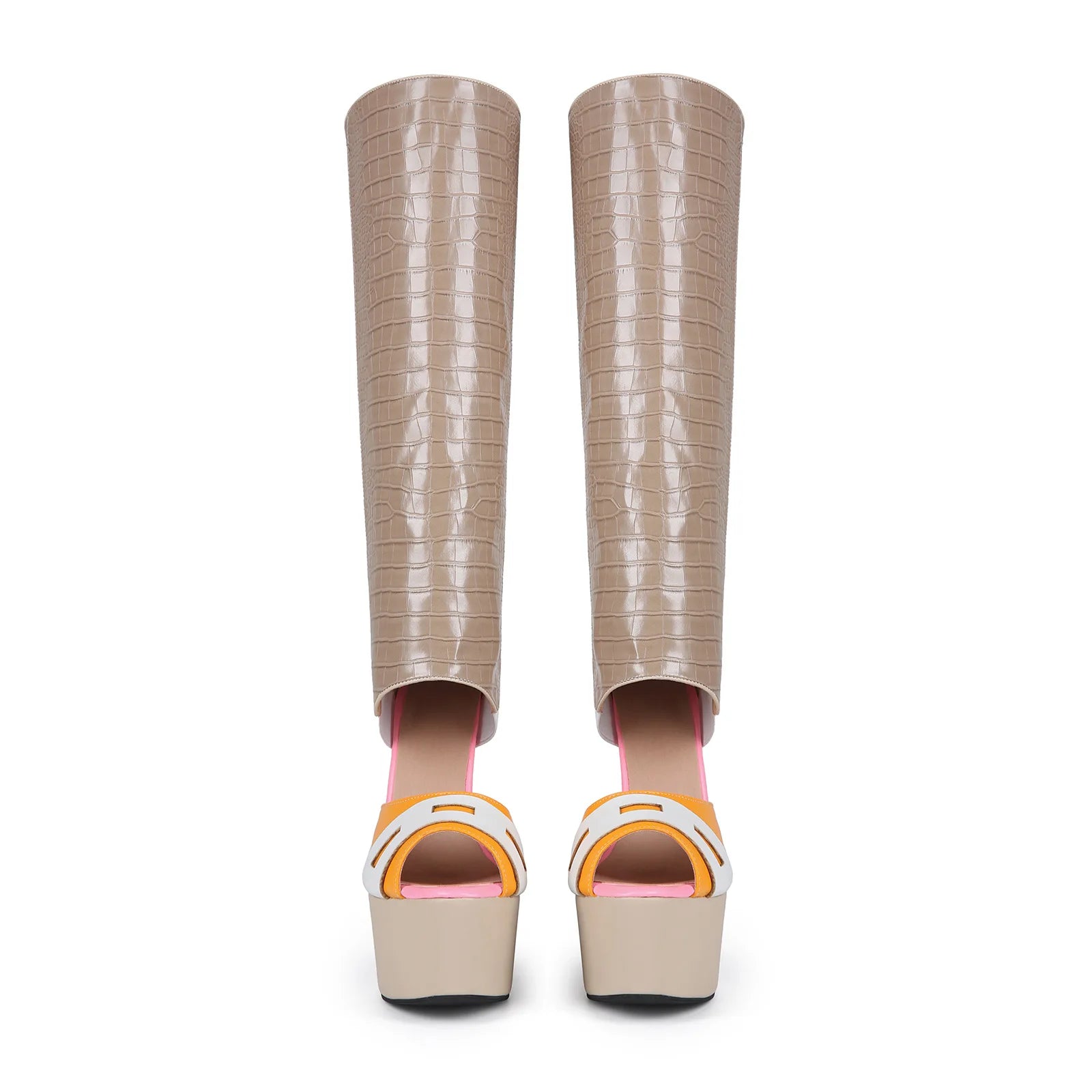 Crocodile-Pattern Patchwork Leather Boots — Beige-Tan | KIMLUD