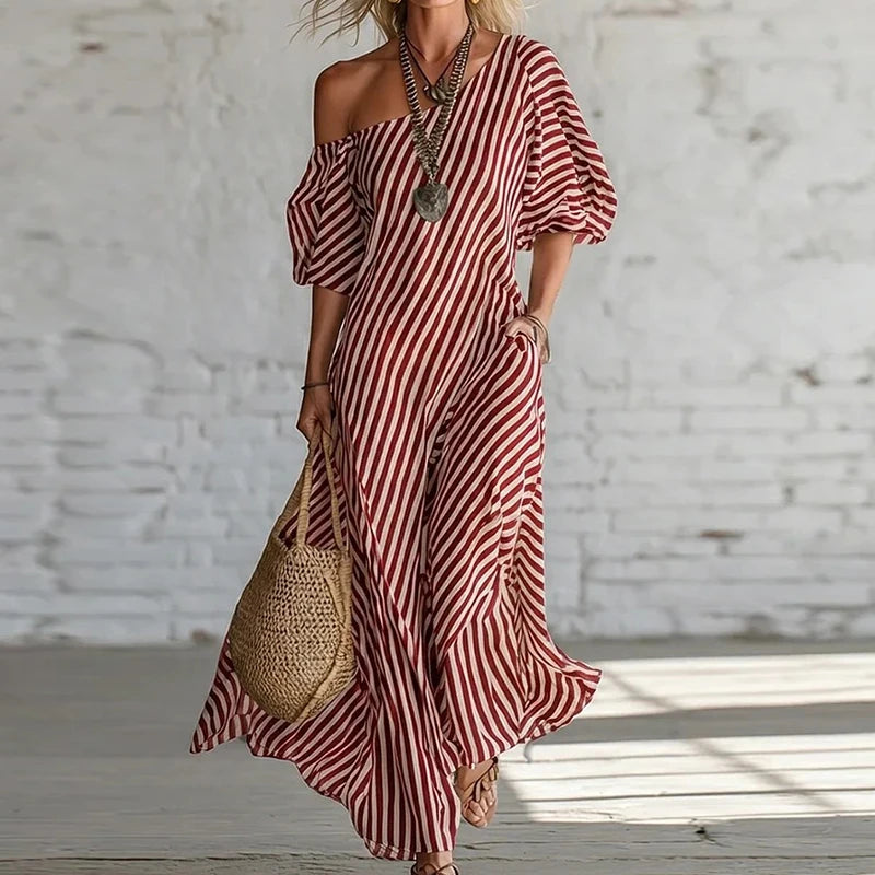 Polyester Patchwork Striped Maxi Dress — Black | KIMLUD