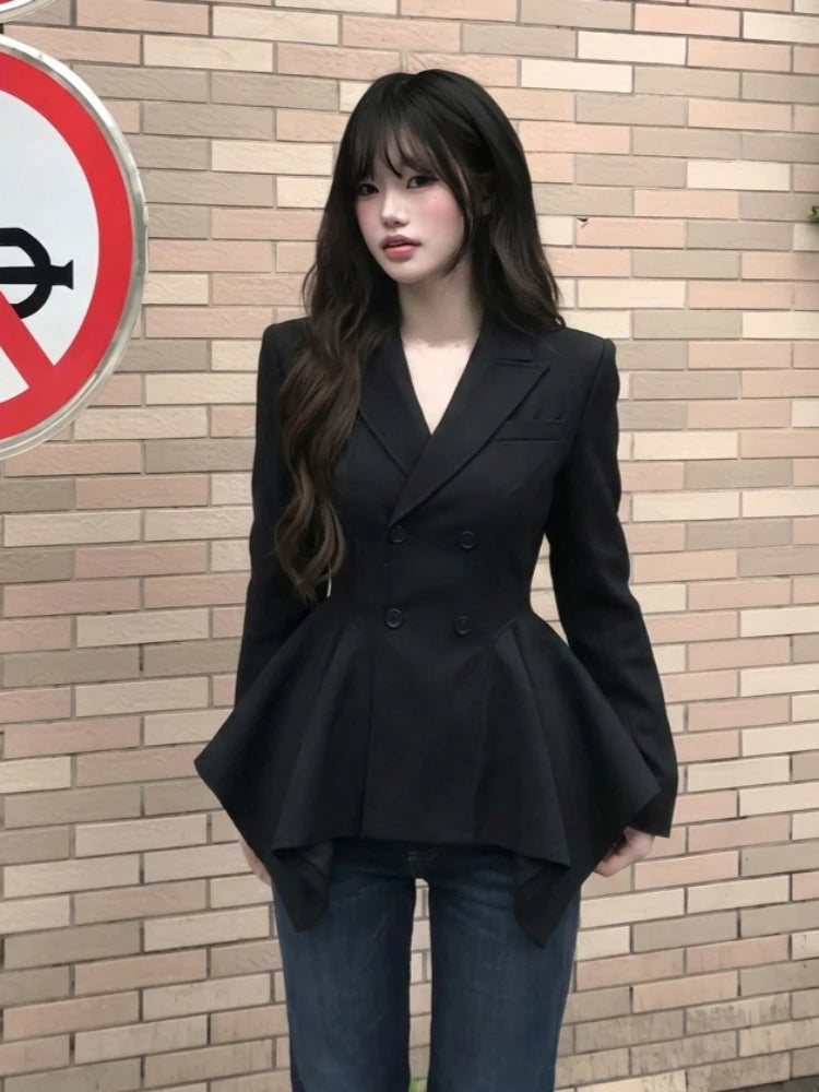 Blazer Jacket – Double Breasted Waist Cinch – Black | KIMLUD