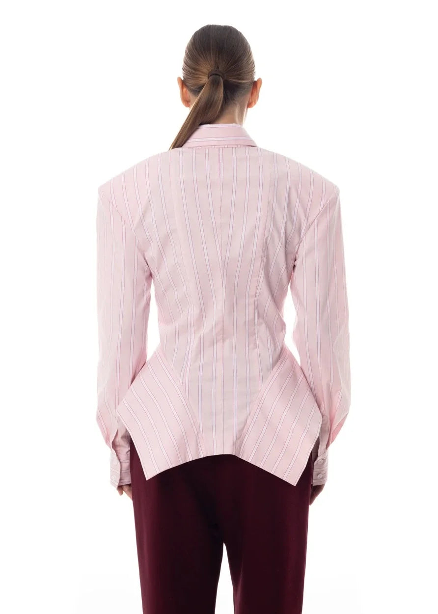 Fitted Striped Shirt Asymmetric Hem — Pink | KIMLUD