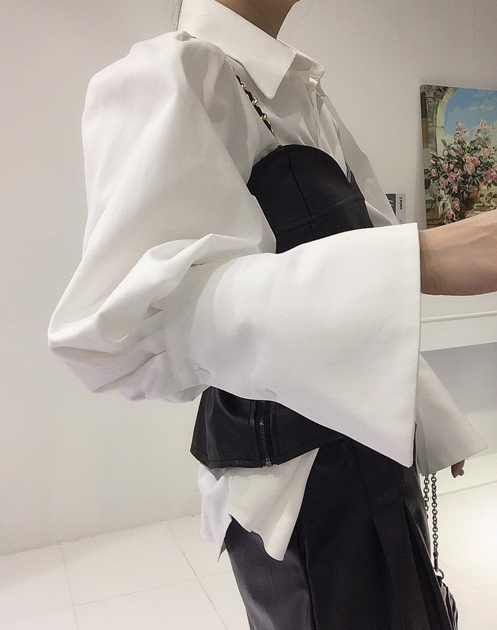 PU Leather Vest Two-Piece Shirt Set With Oversized Bubble Sleeves And Chain Detail — White | KIMLUD