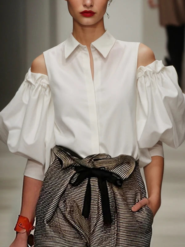 Blouse – Cold Shoulder Lapel – Puff Sleeve – Loose Fit | KIMLUD