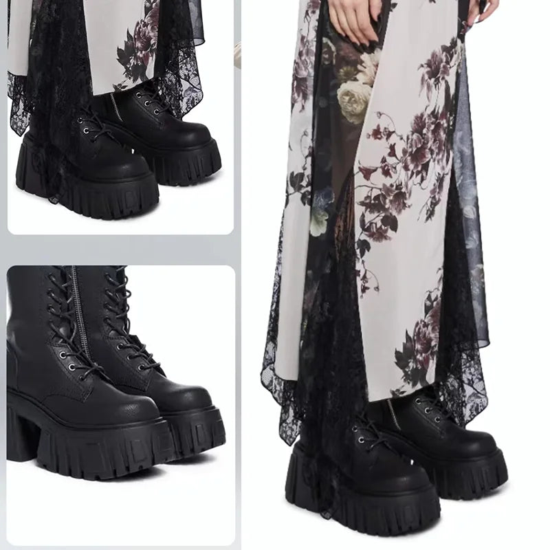 Women Punk Boots 8cm Platform Classic Versatile Design Shoes Leather Cool Boot Chunky High Quality Lace Up Casual Outdoor Shoes